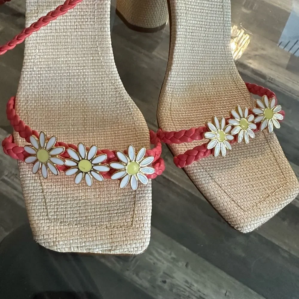 Red Braided Sandals with Daisy Accents
